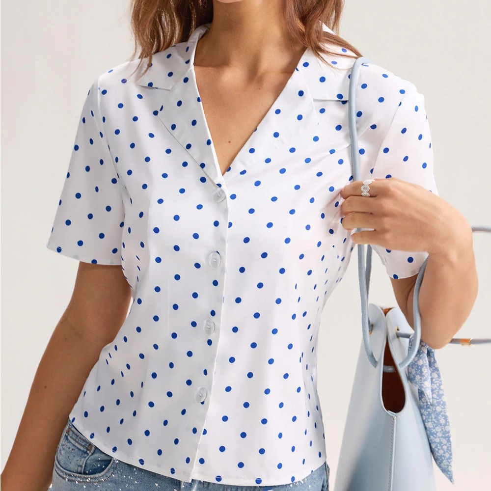 Rihoas Blue Polka Dot Button Blouse